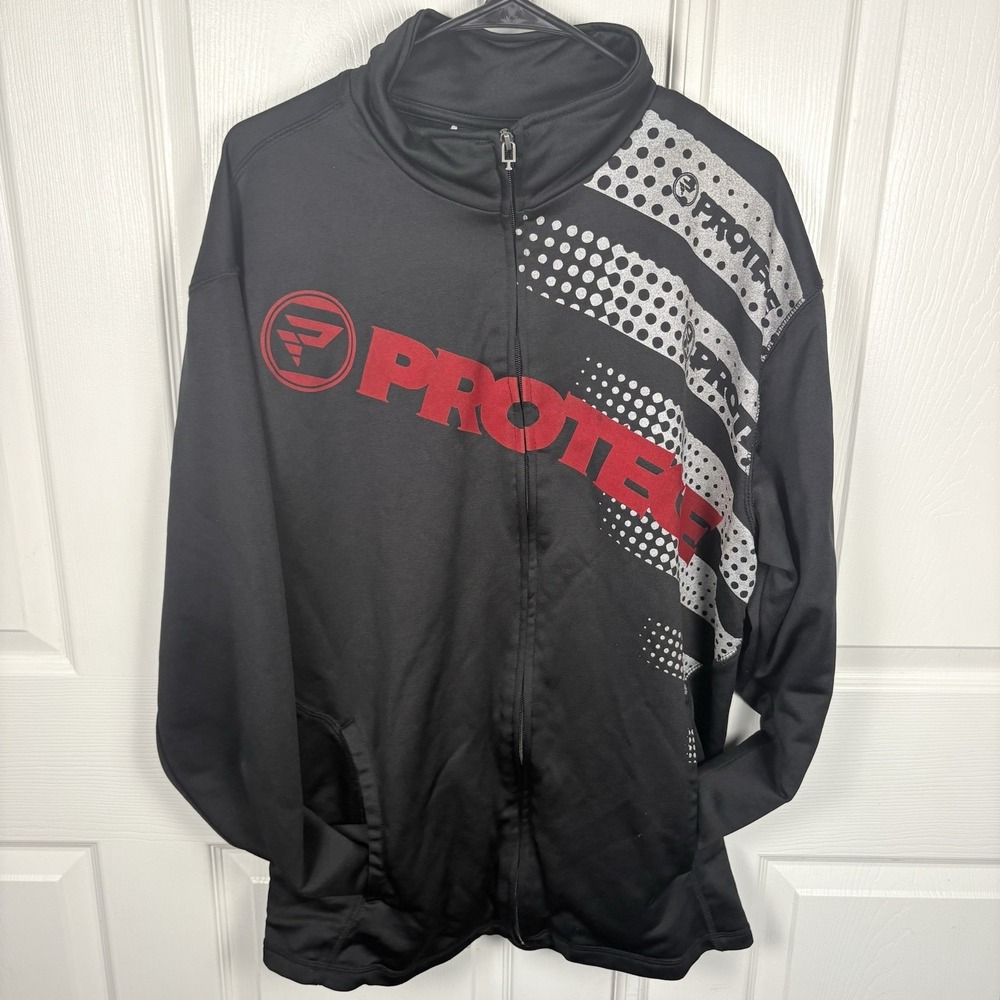 Protege Men's Large Black Full Zip Track Warmup Jacket Graphic front Long Sleeve
